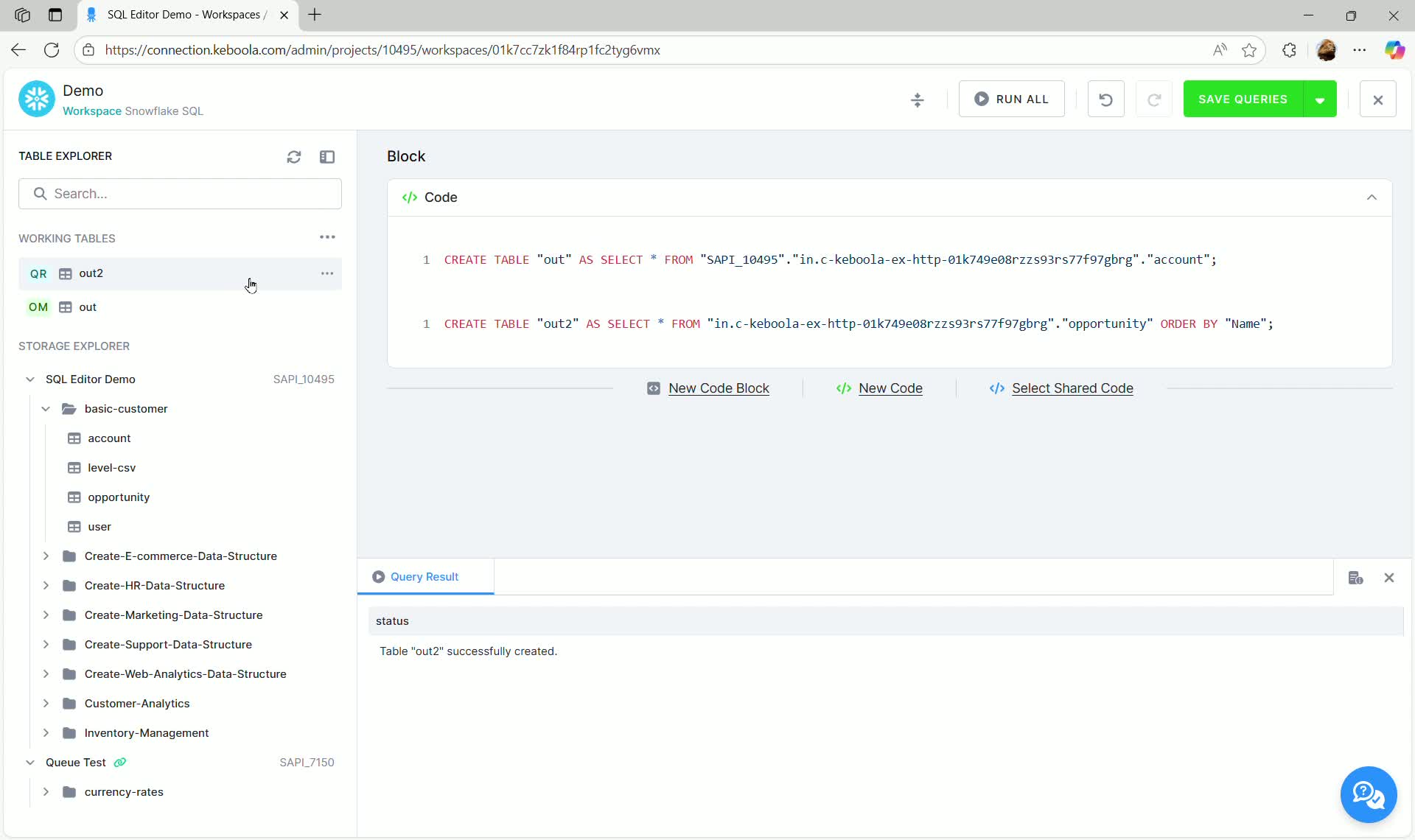 SQL Editor - Working Tables section showing OM (Output Mapping) table